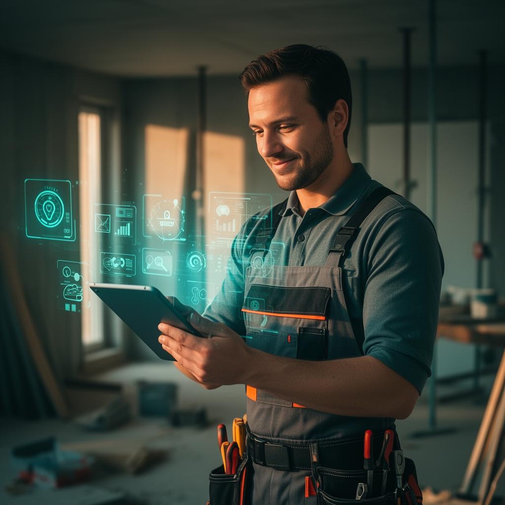 Handwerker nutzt digitale Tools auf der Baustelle